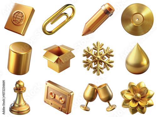 Collection of 3d golden objects including passport, paper clip, pencil, vinyl disk, cylinder, box, snowflake, drop, chess figure, flower, cassette