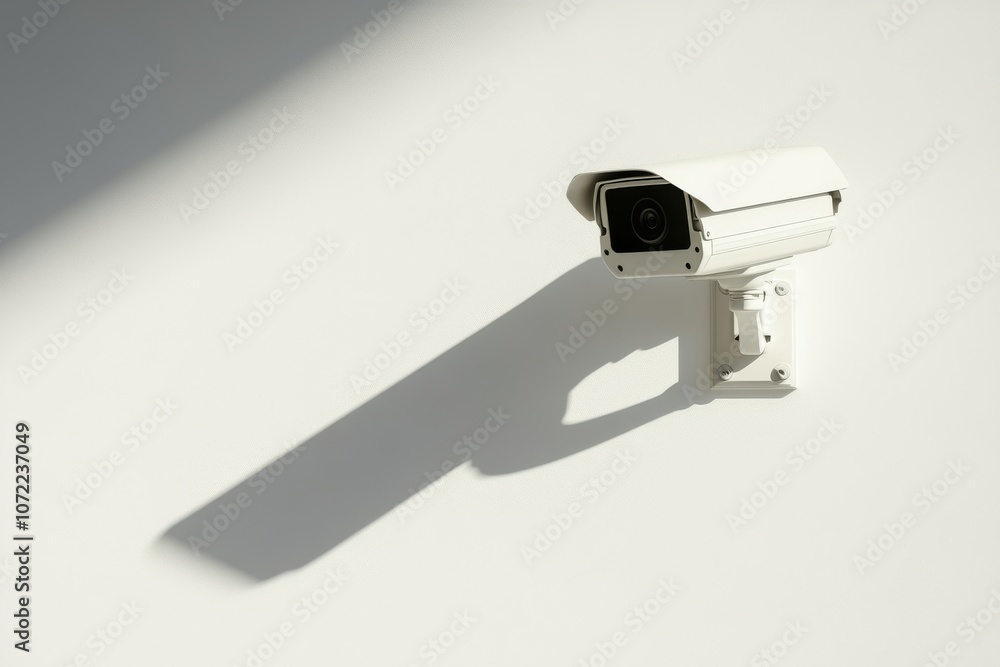 Sleek White Security Camera on Wall Casting a Shadow in Minimalist Setting Sleek White Security Camera on Wall Casting a Shadow in Minimalist Setting