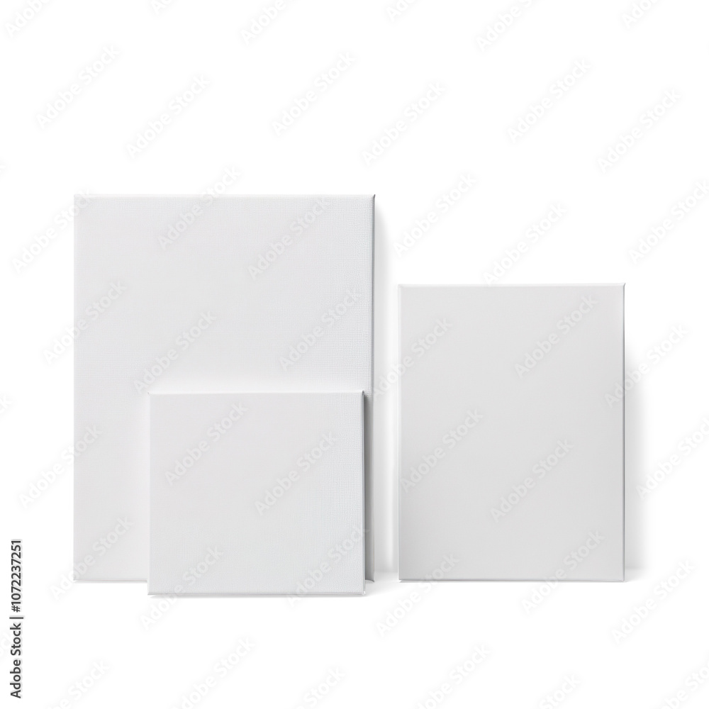 Three Blank White Canvases of Varying Sizes on a Transparent Background Three Blank White Canvases of Varying Sizes on a Transparent Background