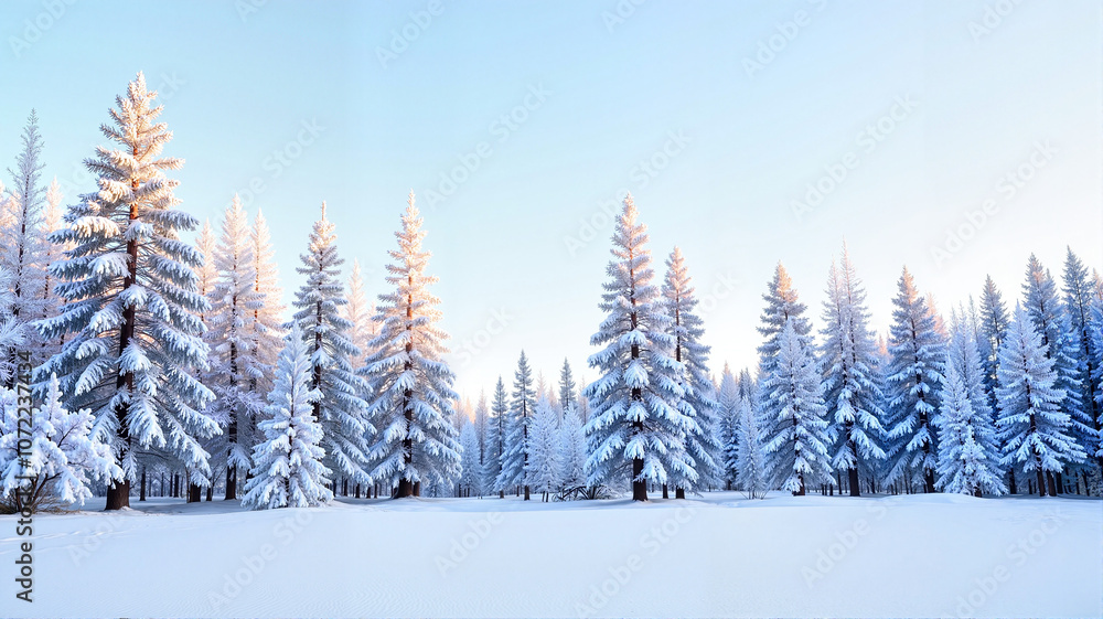 Frosted pine trees on a snowy field with soft blue sky
Frosted pine trees on a snowy field with soft blue sky