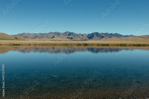 Serene Lake with Mountain Reflections and Clear Sky