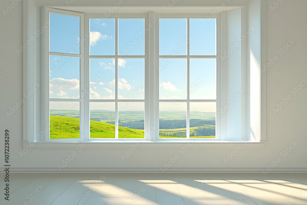Fototapeta premium A serene window view showcasing lush green hills under a blue sky in bright daylight
