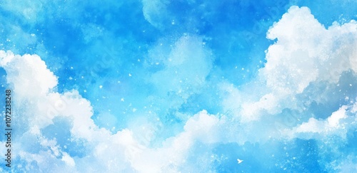 Watercolor Painting of a Blue Sky with White Clouds