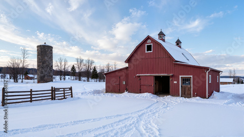 Red barn in snowy rural landscape under blue sky