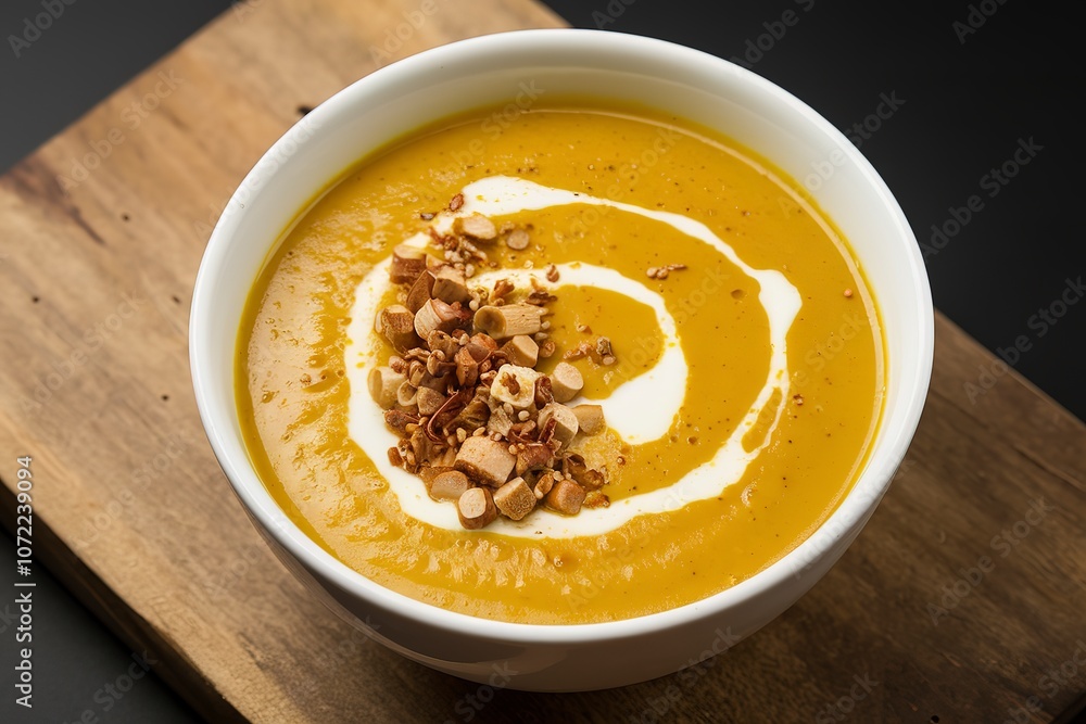 A photo of a healthy curcuma cream soup with a golden hue A photo of a healthy curcuma cream soup with a golden hue