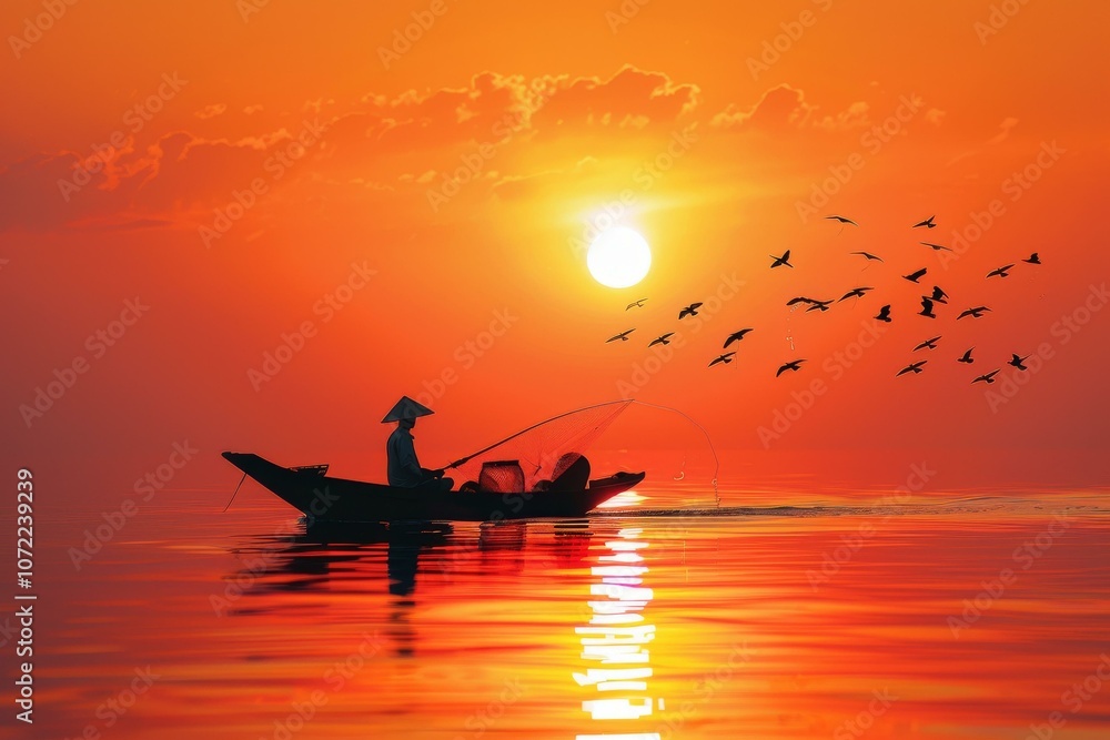 Fisherman in a boat at sunset with a conical hat