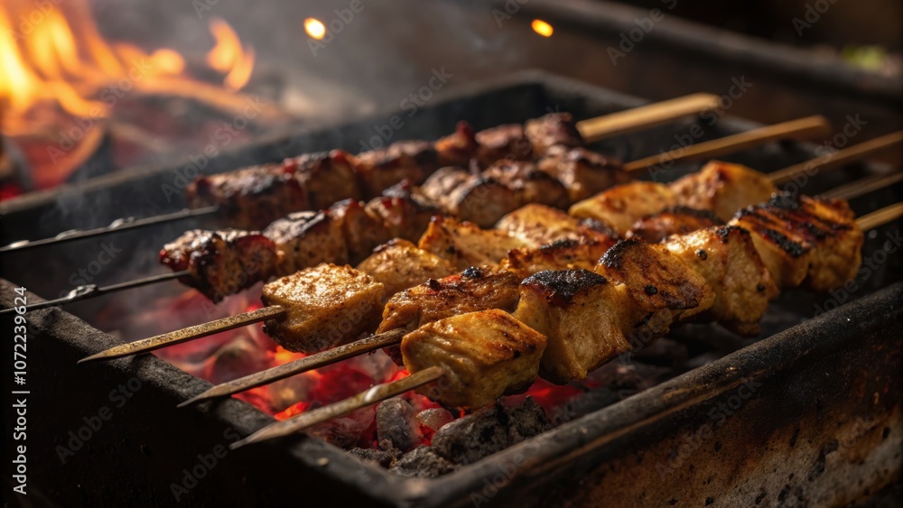 Close-Up of Grilled Meat Skewers Over Open Flame on Barbecue Close-Up of Grilled Meat Skewers Over Open Flame on Barbecue
