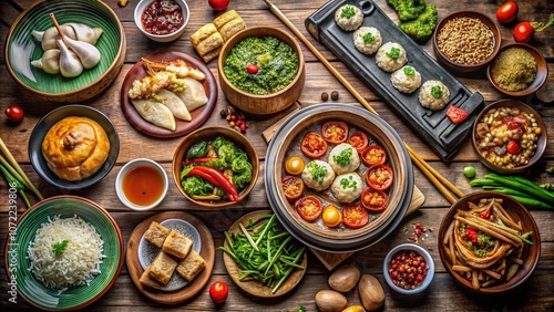 Exquisite Overhead Shot of Chinese Cuisine: A Vibrant HDR Food Photography Masterpiece Capturing the Essence of Culinary Art and Flavorful Dishes