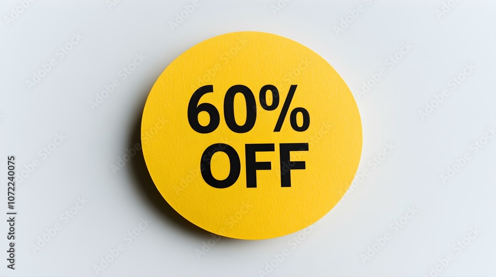 Black '60% OFF' Text on a Yellow Round Paper Note. White Background with Copy Space Black '60% OFF' Text on a Yellow Round Paper Note. White Background with Copy Space