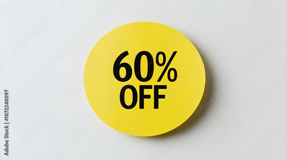Black '60% OFF' Text on a Yellow Round Paper Note. White Background with Copy Space Black '60% OFF' Text on a Yellow Round Paper Note. White Background with Copy Space