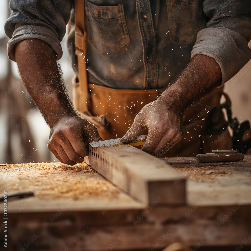 A carpenter intently measures a piece of wood on a sawhorse, his skilled hands gripping the tape, amidst a flurry of wood shavings and dust in a busy workshop A carpenter intently measures a piece of wood on a sawhorse, his skilled hands gripping the tape, amidst a flurry of wood shavings and dust in a busy workshop