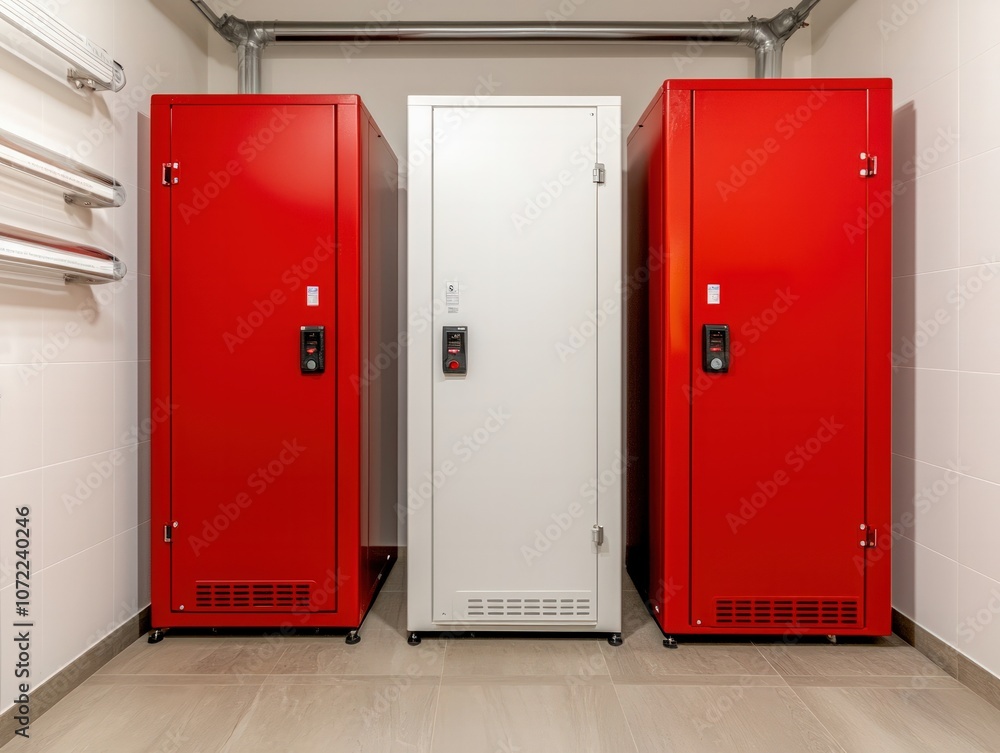 Modern lockers in a sleek interior setting. Modern lockers in a sleek interior setting.