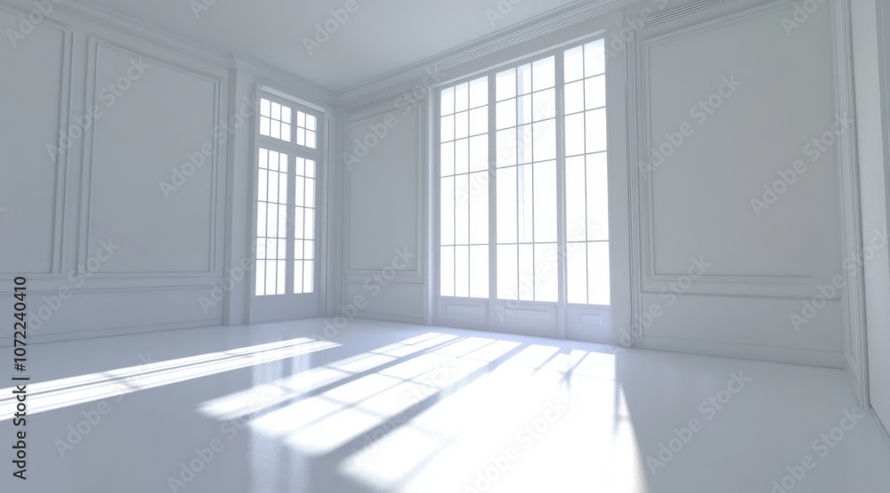 3D rendering of an empty white room with a window and a sunlight shadow on the wall. 3D rendering of an empty white room with a window and a sunlight shadow on the wall.