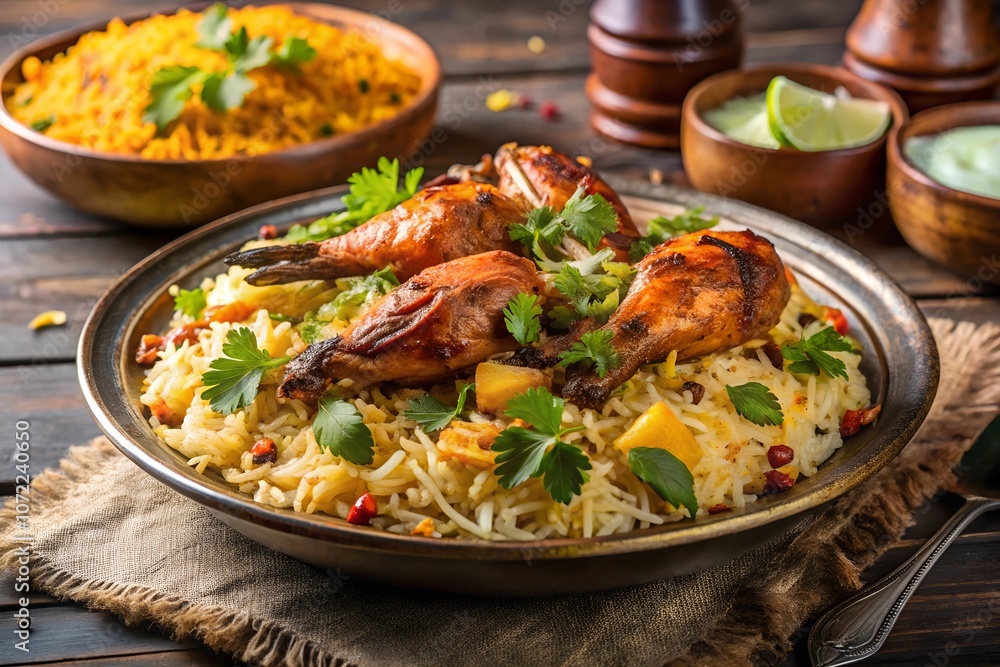 Biryani Beef and Mutton Rice closeup with Garnish or Veg biryani or veg pulao Fried rice food poster image Biryani Beef and Mutton Rice closeup with Garnish or Veg biryani or veg pulao Fried rice food poster image