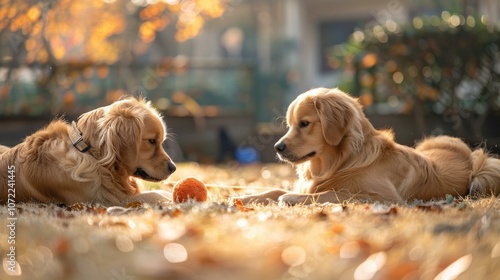 Two Golden Retrievers Playing with a Ball in the Fall photo