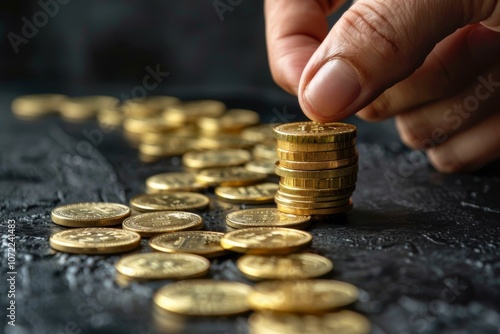 A hand stacking a pile of gold coins