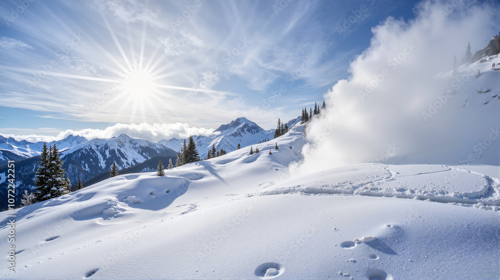 Bright Sun Over Snowy Mountain Landscape with Fog
Bright Sun Over Snowy Mountain Landscape with Fog