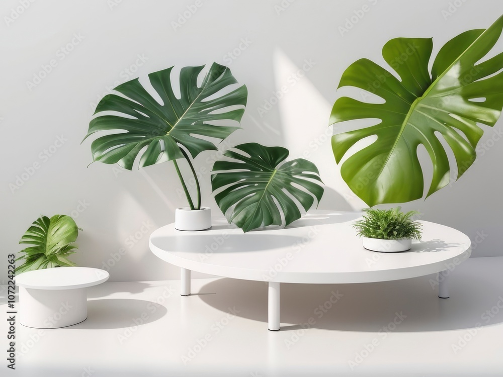 Realistic white 3D round podium background with wood top, Green palm leaf scene. Minimalist 3D mockup abstract cosmetic product display presentation, Stage showcase. Platforms vector geometric design. Realistic white 3D round podium background with wood top, Green palm leaf scene. Minimalist 3D mockup abstract cosmetic product display presentation, Stage showcase. Platforms vector geometric design.