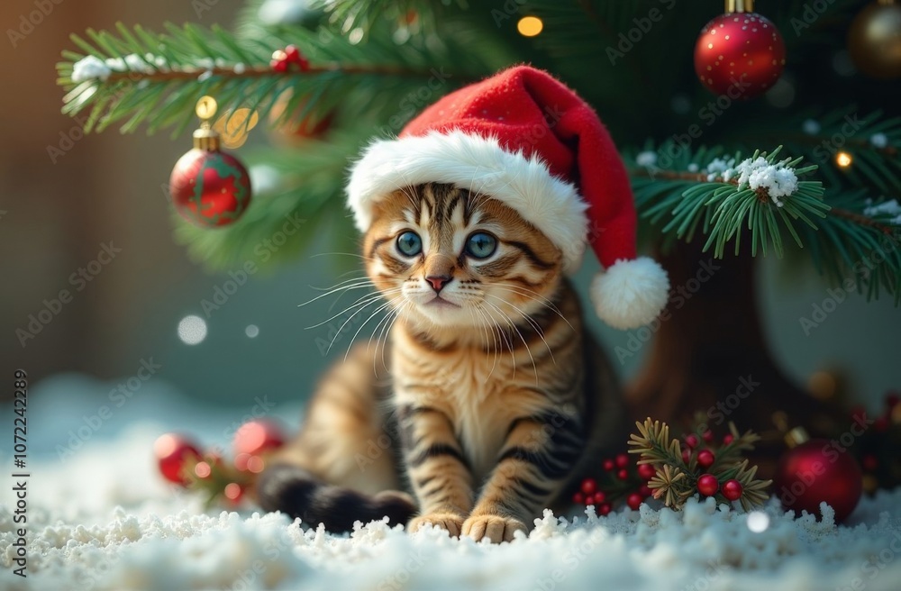Christmas cat in red Santa hat. Portrait of a fat fluffy cat next to a gift box on the background of the Christmas tree. Christmas cat in red Santa hat. Portrait of a fat fluffy cat next to a gift box on the background of the Christmas tree.