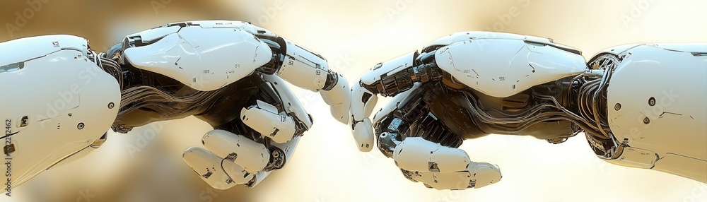 Fototapeta premium Two futuristic robotic hands reaching out to each other, representing connection and innovation in technology.