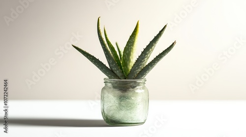 Single houseplant in a recycled glass jar, placed on a white surface with light shadows for an eco-minimalist vibe. photo