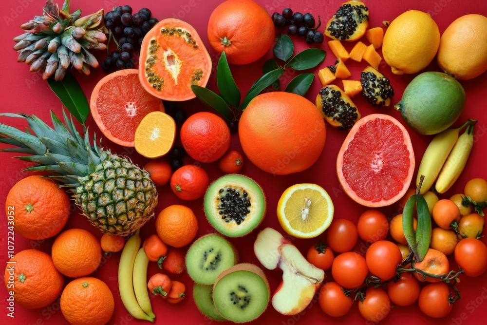 Vibrant assortment of fresh tropical fruits on a red background Vibrant assortment of fresh tropical fruits on a red background