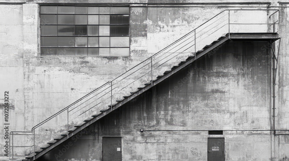 Minimal view of an industrial staircase on the side of a building, with clean lines and muted tones. Minimal view of an industrial staircase on the side of a building, with clean lines and muted tones.