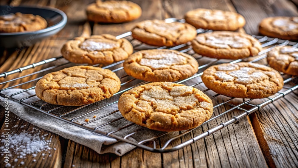 Freshly baked cookies with sugar crystals on a wire rack, resting on a rustic wooden surface. Freshly baked cookies with sugar crystals on a wire rack, resting on a rustic wooden surface.