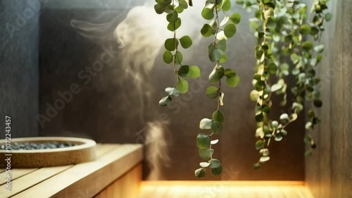Tranquil spa ambiance with hanging eucalyptus and soothing steam