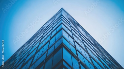 Modern skyscraper corner against a clear blue sky, with focus on sharp architectural lines and empty space.