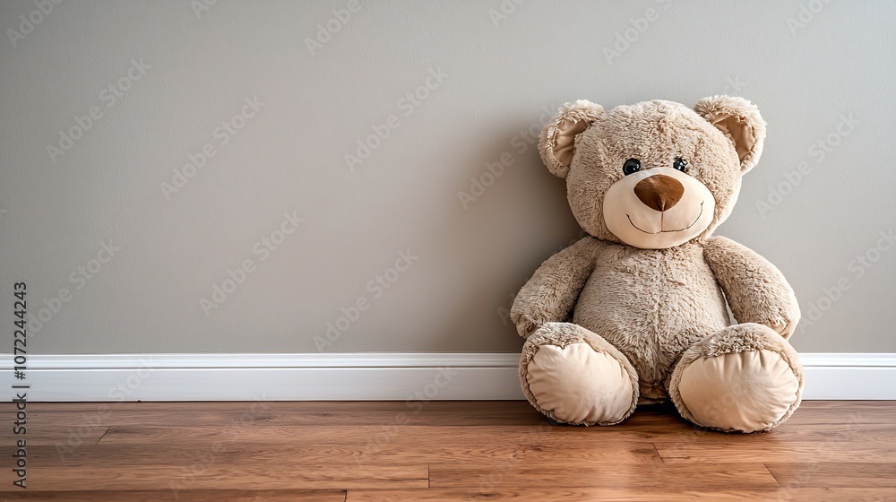 Large plush toy bear rests comfortably on the warm wooden floor against a soft neutral wall, creating a cozy and inviting atmosphere perfect for children's rooms. Large plush toy bear rests comfortably on the warm wooden floor against a soft neutral wall, creating a cozy and inviting atmosphere perfect for children's rooms.
