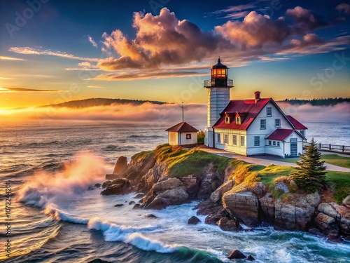 Foggy Historic Lighthouse and Coast Guard Station in Chatham, Cape Cod, Captured in the Early Morning Light with Dramatic Clouds and Tranquil Seascape for Coastal Photography Lovers photo