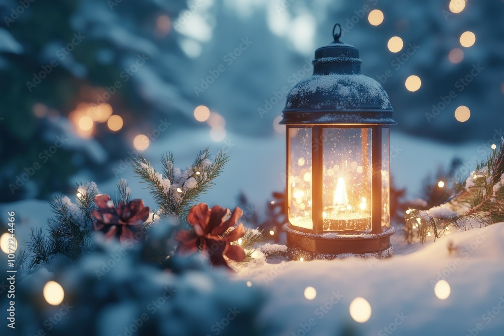 Cozy Lantern in Snowy Winter Wonderland Setting Cozy Lantern in Snowy Winter Wonderland Setting