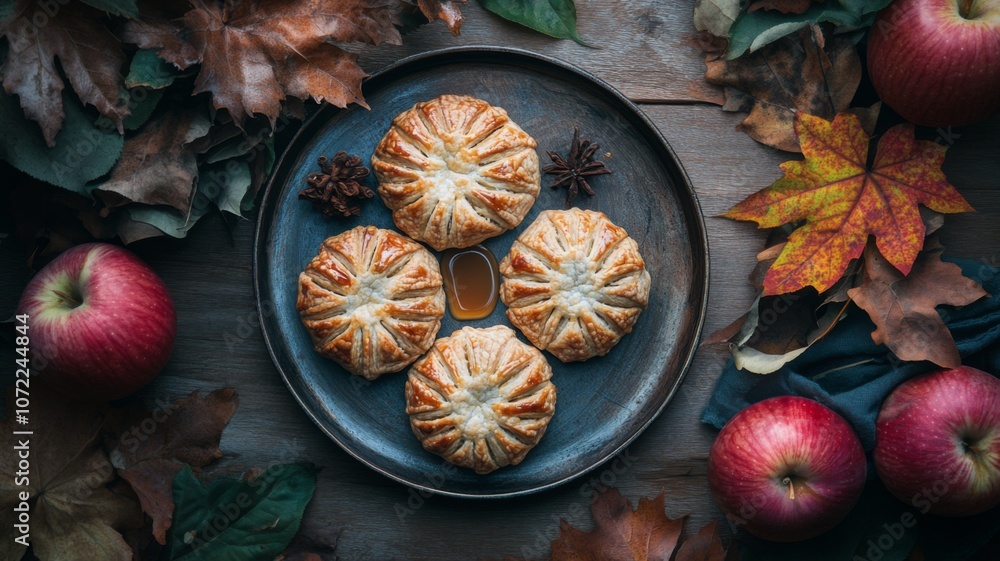 Four Apple Pies with Autumn Leaves and Apples on a Wooden Table Four Apple Pies with Autumn Leaves and Apples on a Wooden Table