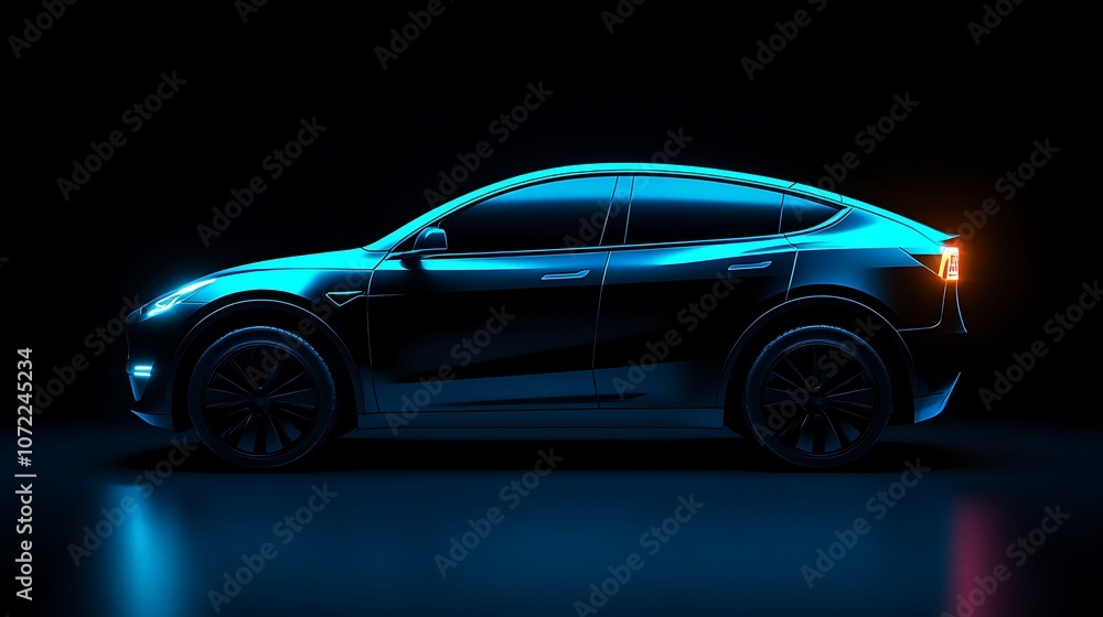 A sleek, illuminated side profile of a modern electric vehicle against a dark background. A sleek, illuminated side profile of a modern electric vehicle against a dark background.