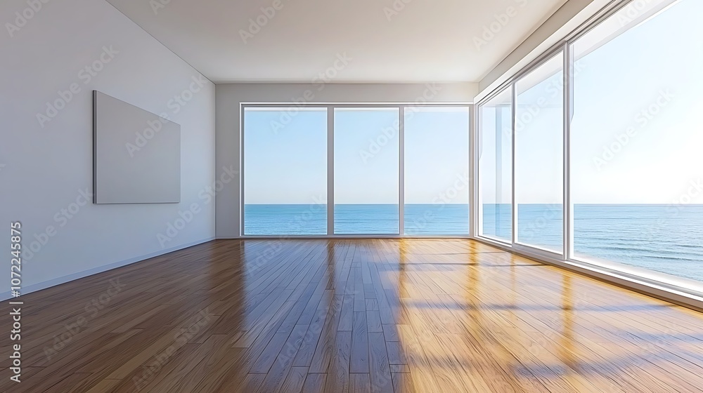 Fototapeta premium Spacious Minimalist Interior with Large Windows Overlooking Tranquil Ocean View, Illuminated by Soft Natural Light Inviting Calmness and Serenity