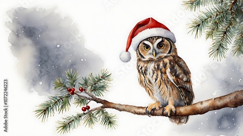  Watercolor painting of an adorable owl wearing a santa hat and scarf, perched on a branch, evoking a heartwarming christmas spirit, watercolor christmas art    photo