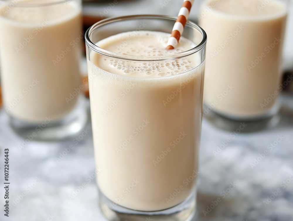 Creamy vanilla milkshake in a glass with a striped straw, Creamy vanilla milkshake in a glass with a striped straw,
