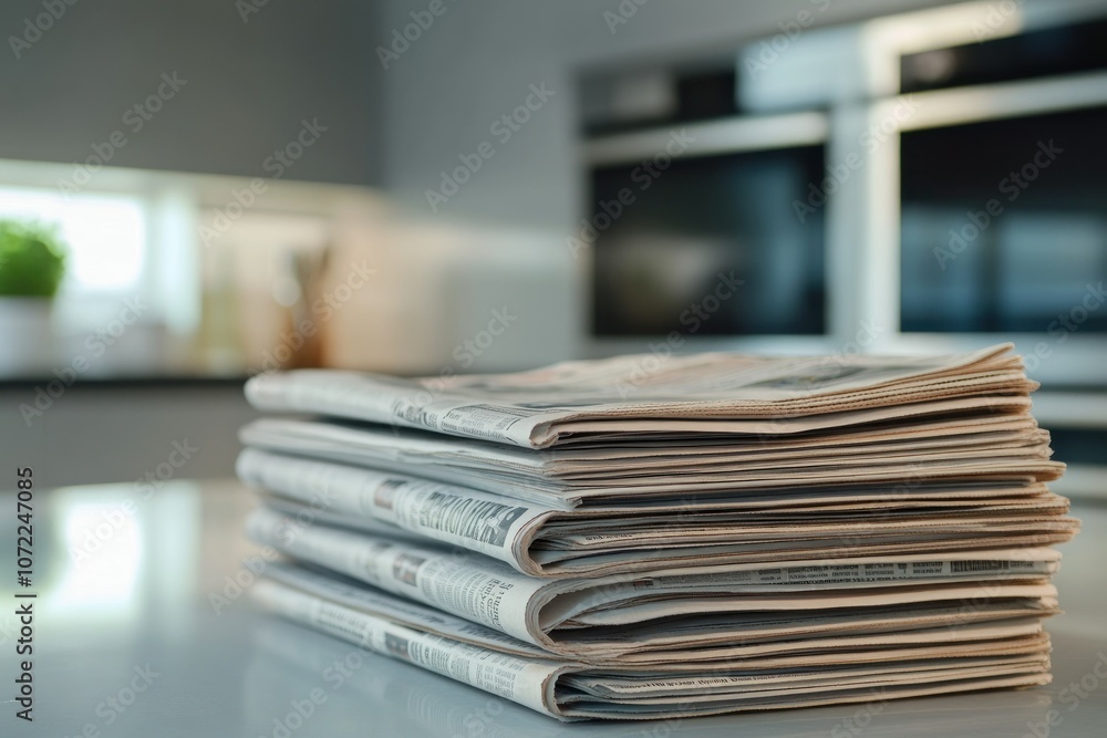 Stacked Newspapers on Kitchen Counter in Modern Setting Stacked Newspapers on Kitchen Counter in Modern Setting