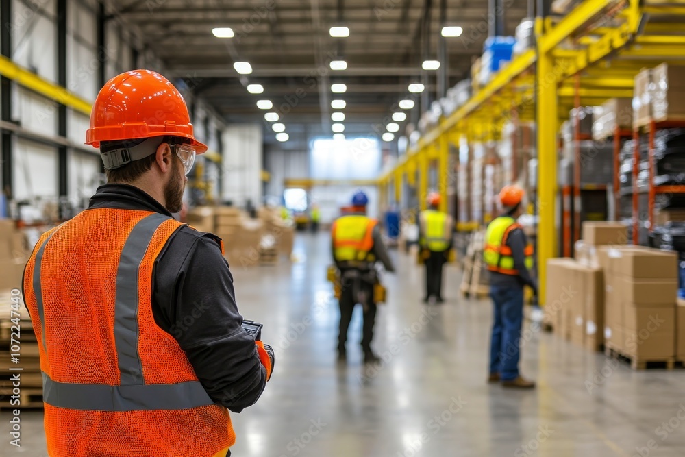 Workers in bright safety gear managing inventory in a large, well-lit warehouse stocked with various goods. Workers in bright safety gear managing inventory in a large, well-lit warehouse stocked with various goods.