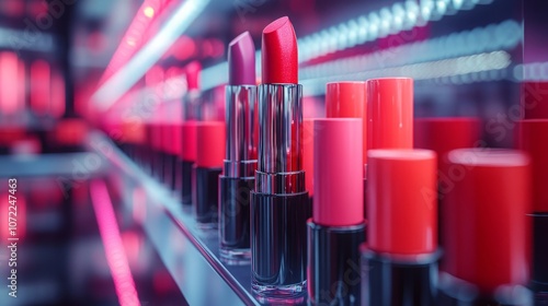 Innovative Cosmetics Production Scene with Diverse Lipstick Shades, Elegant Packaging, and Modern Beauty Craftsmanship