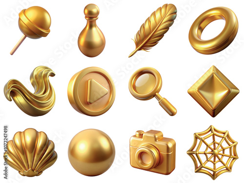 Collection of 3d golden objects including lollipop, feather, ring, magnifier, play sign, seashell, ball, photocamera, web
