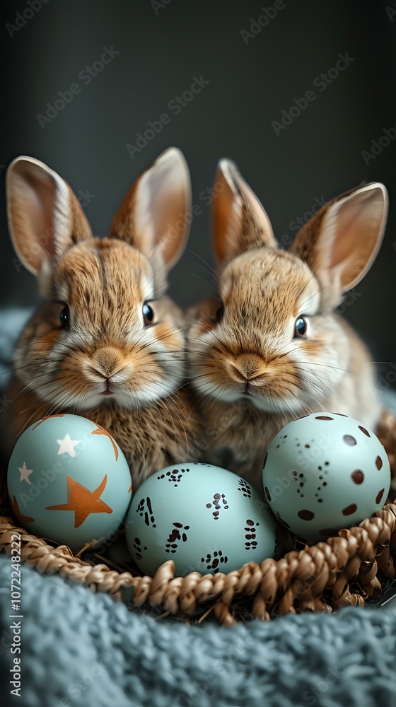 Baby bunnies peeking over rustic basket filled with speckled blue Easter eggs on textured fabric, perfect for spring holiday decorating and seasonal celebration marketing. Baby bunnies peeking over rustic basket filled with speckled blue Easter eggs on textured fabric, perfect for spring holiday decorating and seasonal celebration marketing.