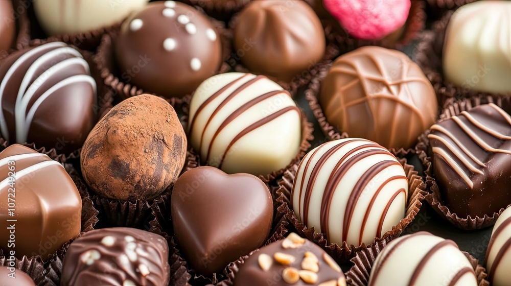 A variety of handmade sweets made of white and dark chocolate are laid out on the table. Candy. Illustration for banner, poster, cover, brochure or presentation. A variety of handmade sweets made of white and dark chocolate are laid out on the table. Candy. Illustration for banner, poster, cover, brochure or presentation.