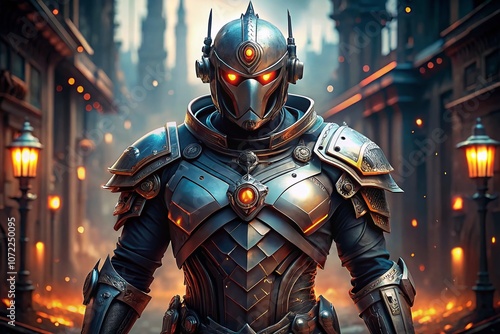 Futuristic Templar Knight Cyborg Crusader Character Design in Drone Photography Style, Showcasing an Impressive 3D Render from a Video Game Perspective with Stunning Details and Depth