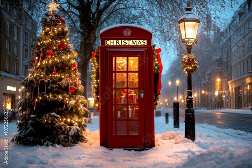 London Christmas Eve: A classic red telephone booth stands adorned with festive garland, nestled beside a snow-dusted Christmas tree under the soft glow of street lamps on a quiet. photo