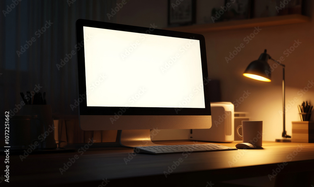Minimalist Workspace with Desktop Computer and white screen for your mock up and Table Lamp in Cozy Night Light Minimalist Workspace with Desktop Computer and white screen for your mock up and Table Lamp in Cozy Night Light