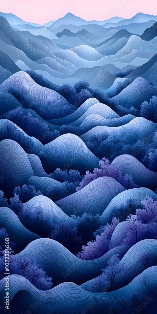Obraz premium A serene landscape of rolling hills in various shades of blue, interspersed with silhouettes of trees, evoking a calm and tranquil atmosphere at dusk.