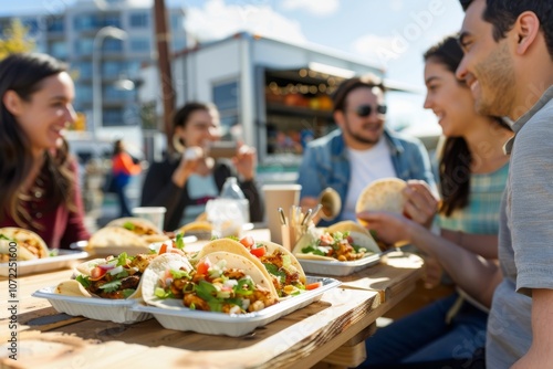 Friends Enjoying Tacos at a Food Truck