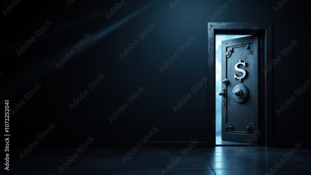 Doorway leading into an underground vault with a digital coin symbol on its surface. Doorway leading into an underground vault with a digital coin symbol on its surface.